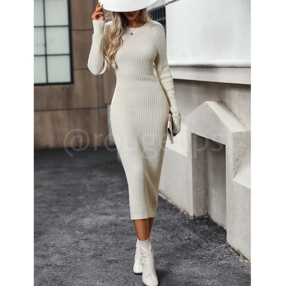 Knit Dress Long Sleeve Open Back Twisted Detail Midi Length Slim - Picture 4 of 8